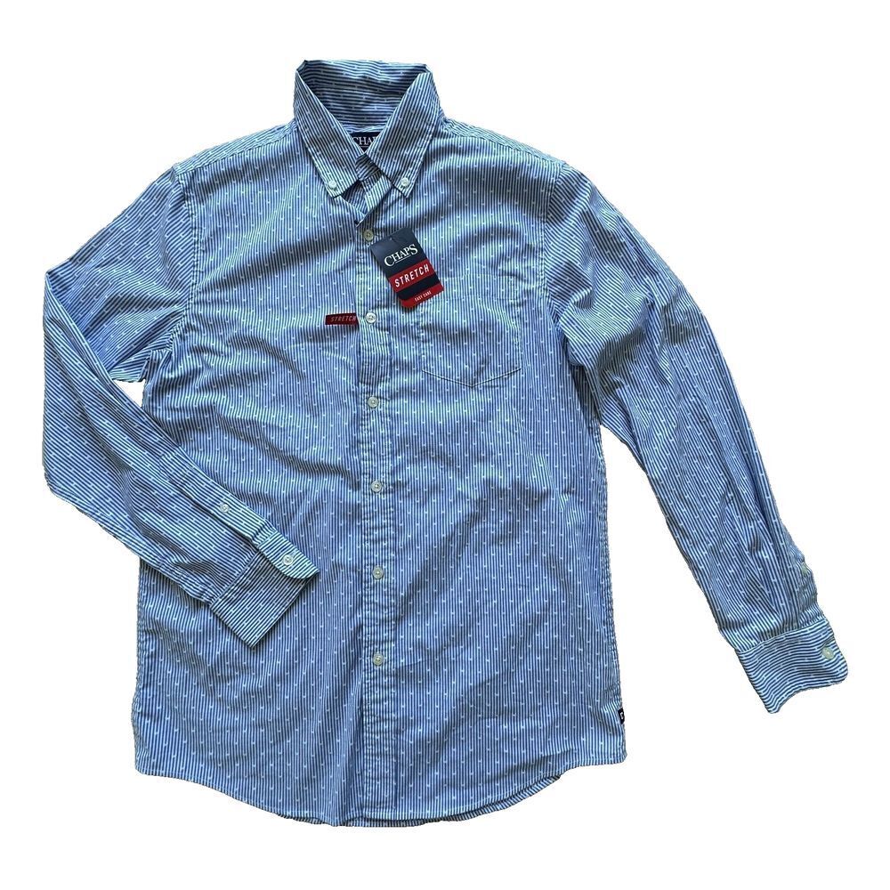Chaps stretch easy care blue multi shirt striped embroidered Men S -New